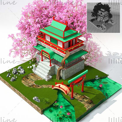 Chinese style spring ancient architecture cherry tree pond 3d creative scene