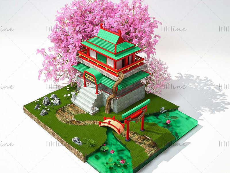 Primavera de estilo chino arquitectura antigua estanque de cerezo escena creativa 3d