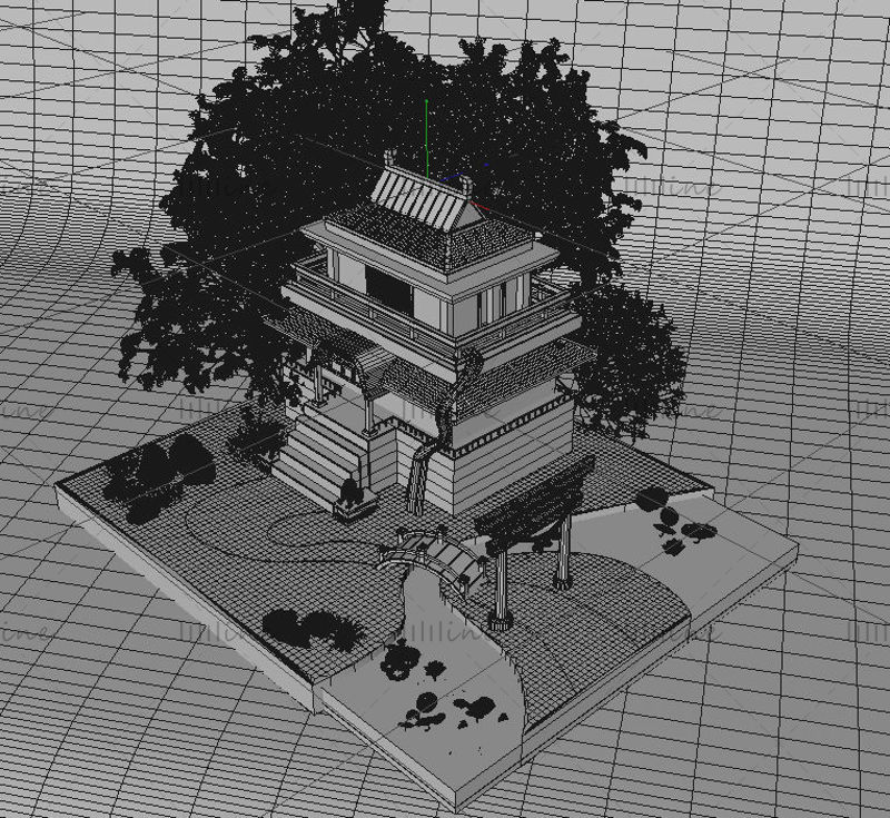 النمط الصيني الربيع العمارة القديمة شجرة الكرز بركة 3D المشهد الإبداعي