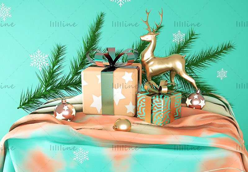 Многоформатная C4D-модель милого и теплого рождественского оленя 3D-праздничная сцена