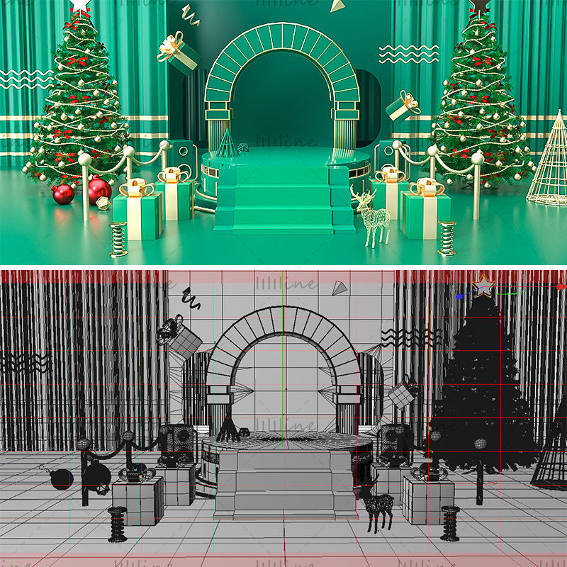 Zelený vánoční jednoduchý stánek 3d model pozadí