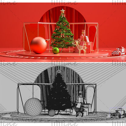 Banner di e-commerce natalizio albero di natale modello di cabina 3d