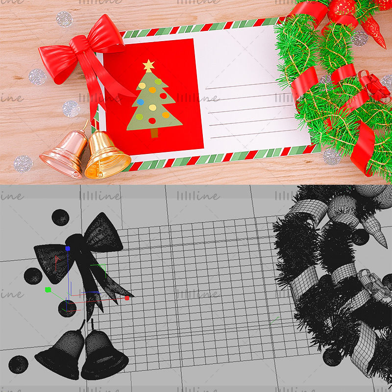 Various formats c4d christmas greeting card garland bell background 3d model