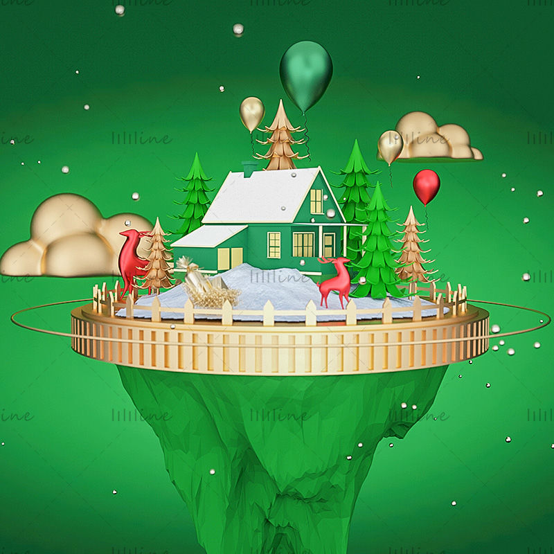 Различный формат c4d темно-зеленый рождественский мультяшный домик фон 3d модель