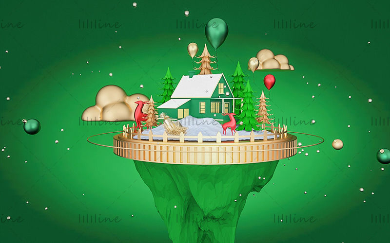 Various format c4d dark green christmas cartoon hut background 3d model