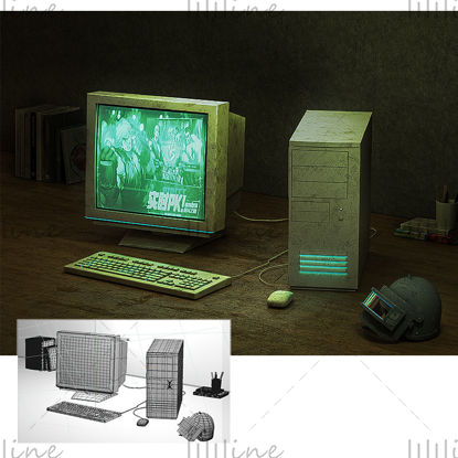 Ouderwetse computer 3d-scène retro donkere scène ouderwetse desktopcomputermodel