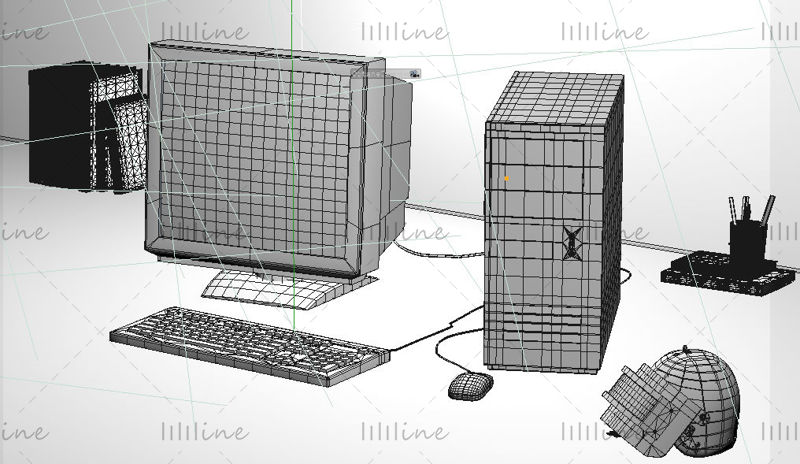 Eski moda bilgisayar 3d sahne retro karanlık sahne eski moda masaüstü bilgisayar modeli