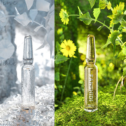 Çeşitli formatlar c4d bitki özü şişesi 3d model cam şişe modeli açık bitki peyzaj sahnesi