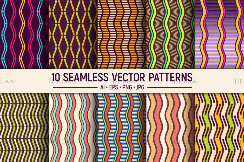 10 bezešvé barevné vlnovky vzory vektoru