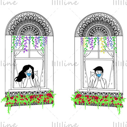 Мальчик и девочка в маске плоской векторной иллюстрации мандалы
