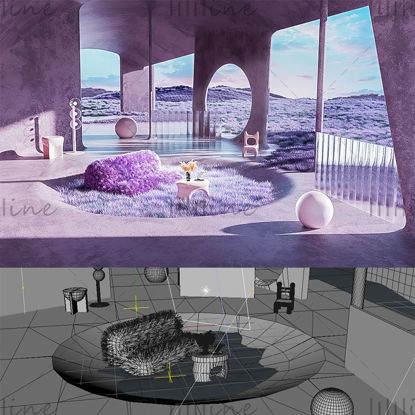 Фиолетовый концептуальный интерьер здания 3d модель сцены концепт научной фантастической сцены