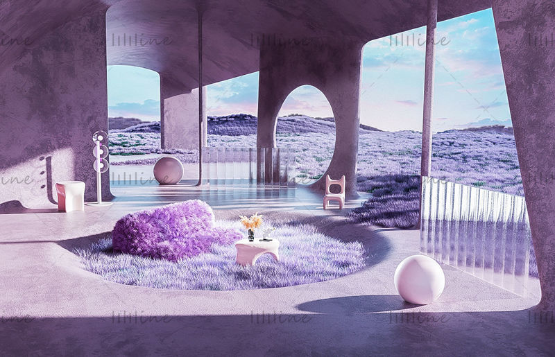 Фиолетовый концептуальный интерьер здания 3d модель сцены концепт научной фантастической сцены