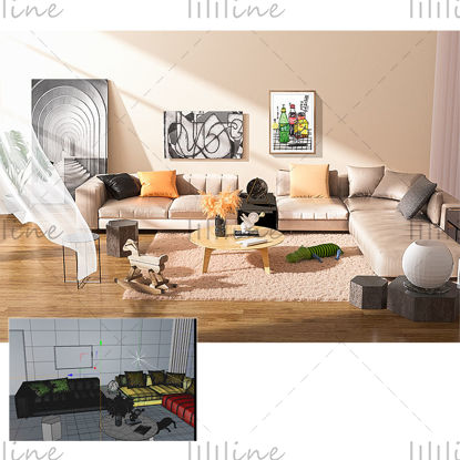 Model pohovky ve tvaru písmene L v interiéru 3D scény v obývacím pokoji