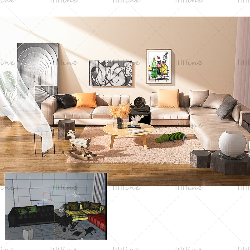 Modello di divano a forma di L di scena del soggiorno di scena 3d per interni
