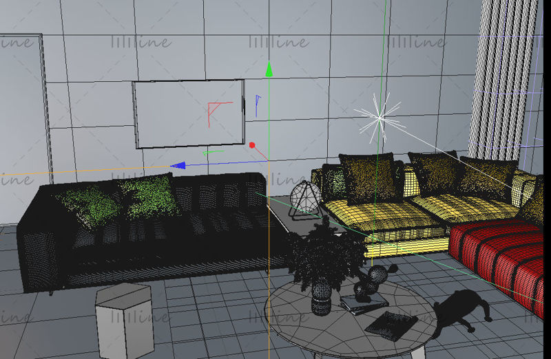 غرفة المعيشة مشهد داخلي ثلاثي الأبعاد مشهد على شكل حرف L أريكة نموذج
