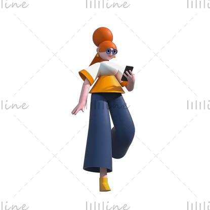 Chica casual de dibujos animados jugando teléfono móvil modelo 3d