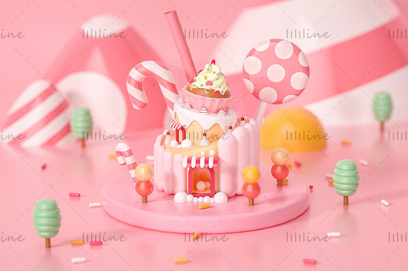 Scena del modello 3d della torta del dessert del fumetto