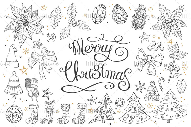 お祝いの手描きの要素とクリスマスセット