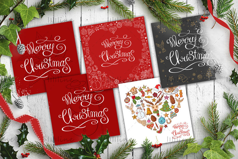 10 Christmas invitation cards. Digital paper.