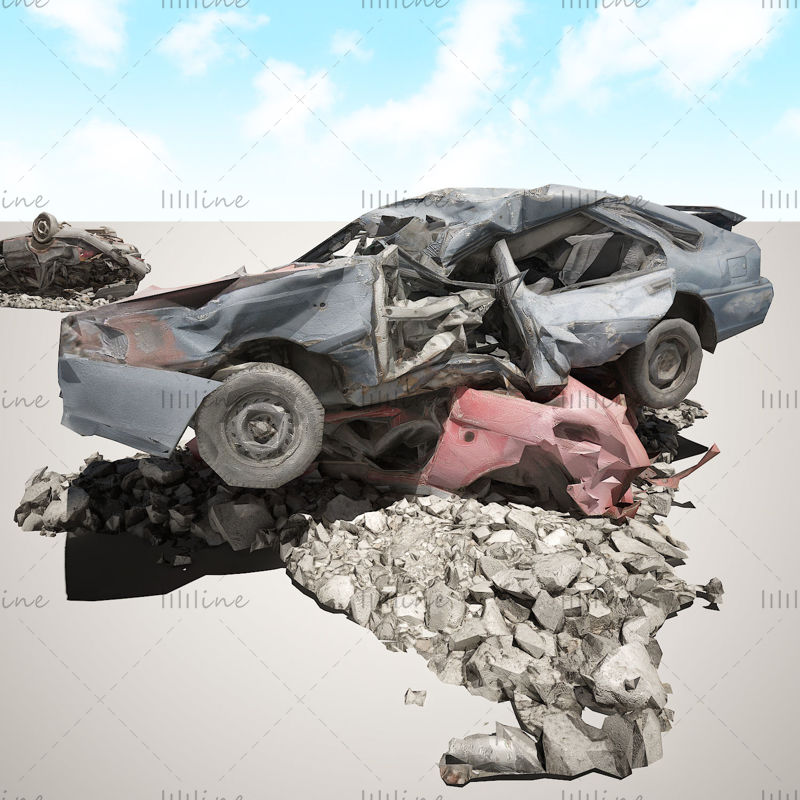 废墟中的废车 3D 模型