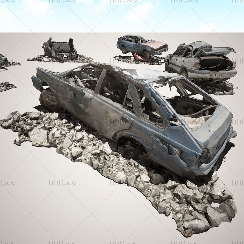 废墟中的废车 3D 模型
