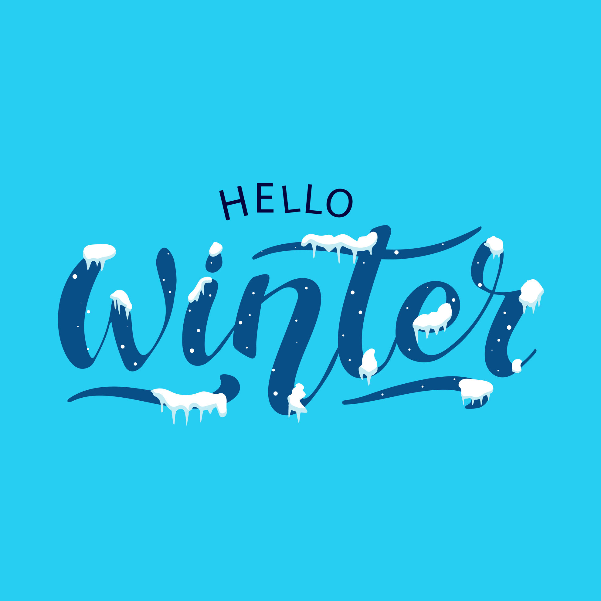 Hello Winter Vector Hand Lettering Blue Letters With Icicles Of Ice Snowflakes And Snow On