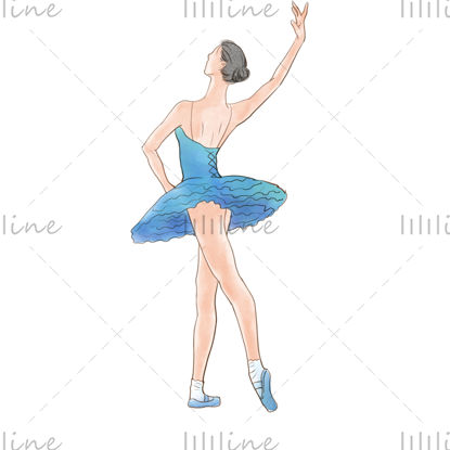 Watercolor style illustration of a ballerina girl in a blue dress