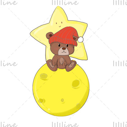 Illustration of a brown bear in a hat sitting on the moon