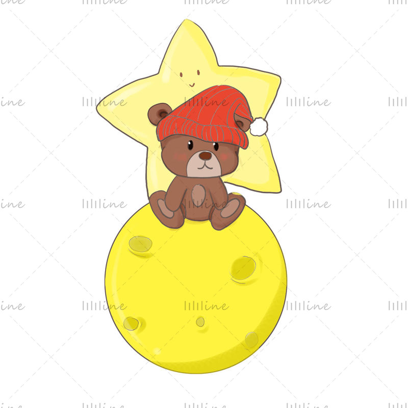 Illustration of a brown bear in a hat sitting on the moon