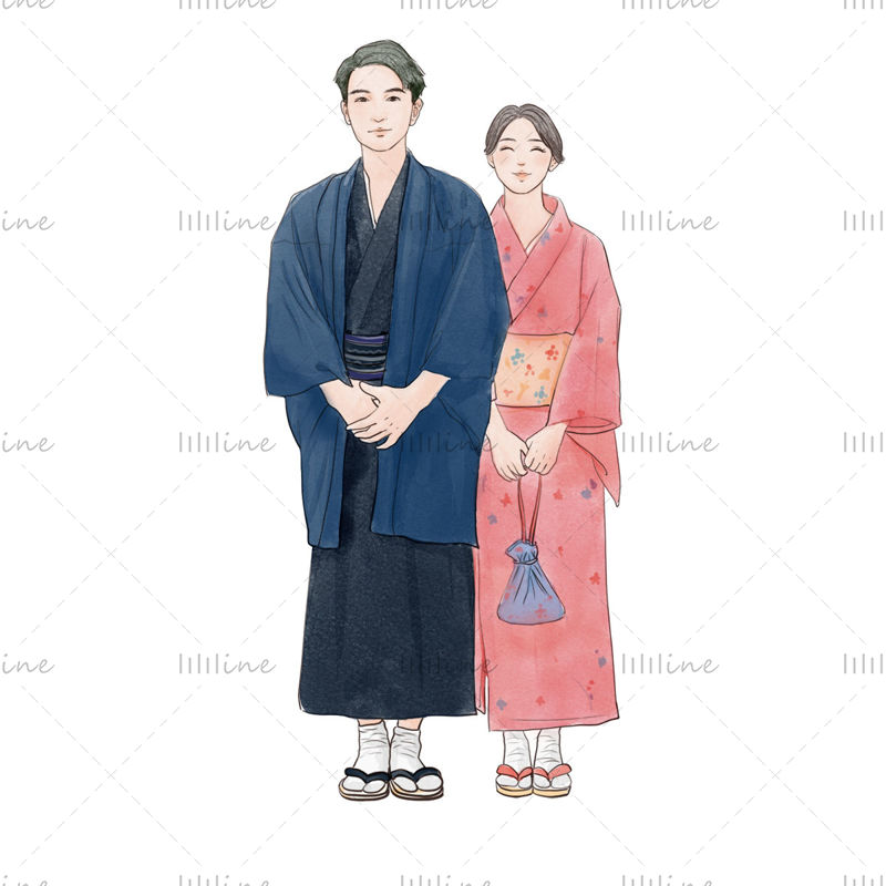 Japanese kimono couple watercolor style illustration