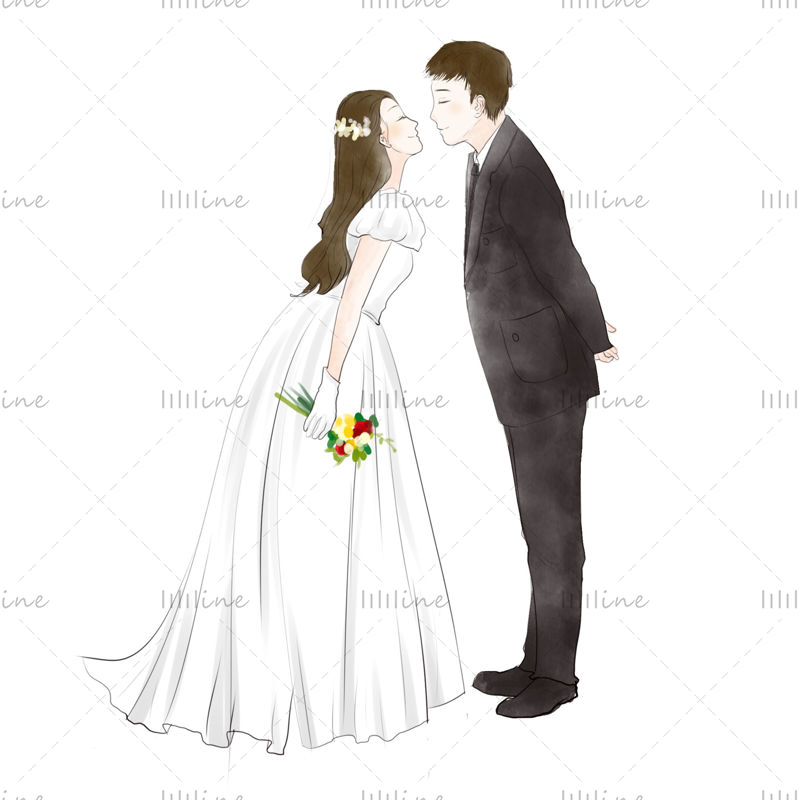 手描きの水彩画の花嫁と花婿のイラスト Llllline