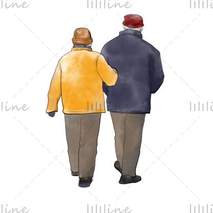 Elderly couple back view watercolor style