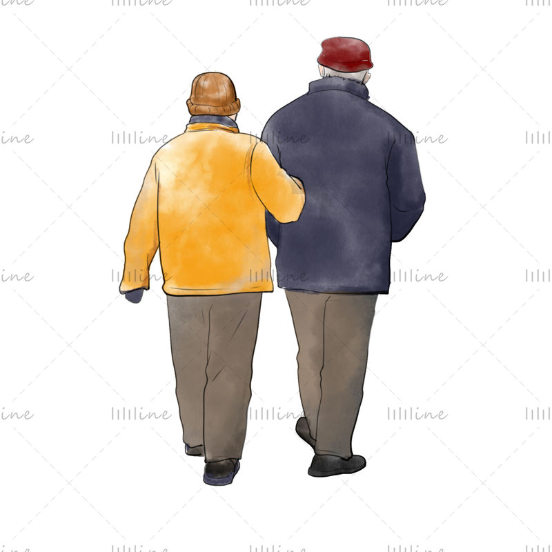 Elderly couple back view watercolor style