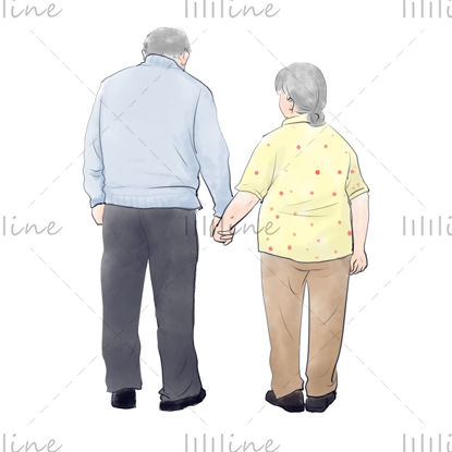 Watercolor white-haired old couple back view 2