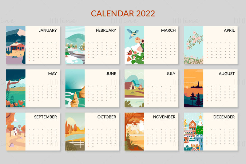 2022 vector landscape calendar template