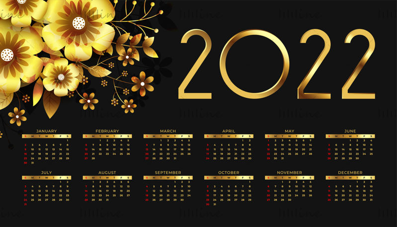 2022 golden floral decoration calendar