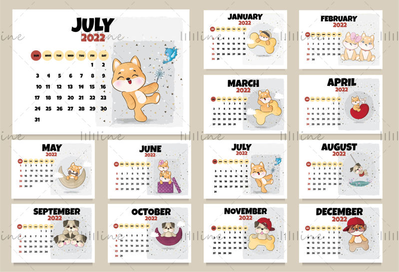 2022 cartoon calendar template design
