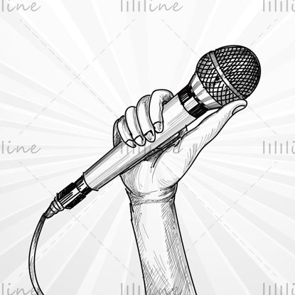 Hand drawn vector hand holding microphone