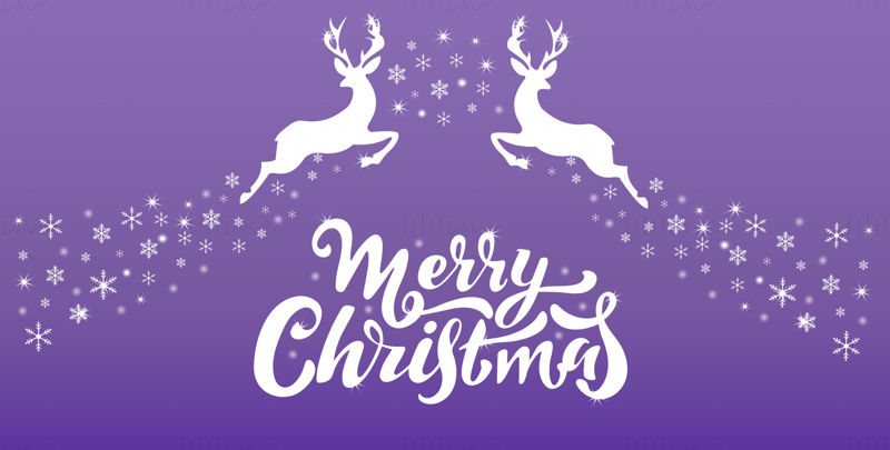 Veselé Vánoce vektorové ruční písmo. Bílá písmena, jeleni, bílý vánoční vzor na fialovém pozadí levandule