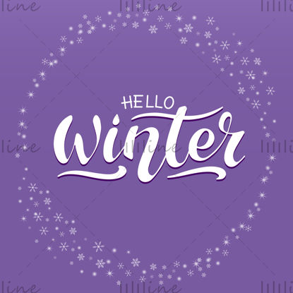 Bună ziua, Scriere de mână de iarnă. Litere albe, model alb de Crăciun într-un cerc pe fundal de lavandă violet.