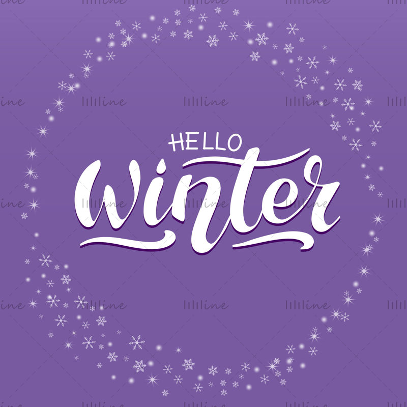 Dobrý den, zimní vektorové ruční písmo. Bílá písmena, bílý vánoční vzor v kruhu na fialovém levandulovém pozadí.