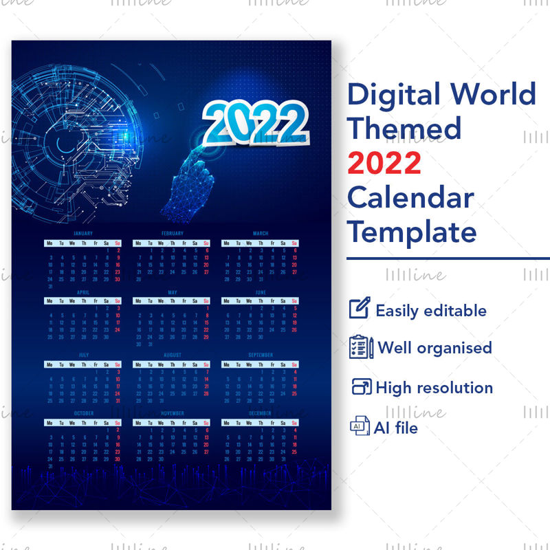 Шаблон банера календара са темом дигиталног света за 2022
