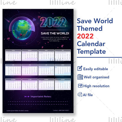Șablon de banner pentru calendar tematic 2022 Salvați lumea