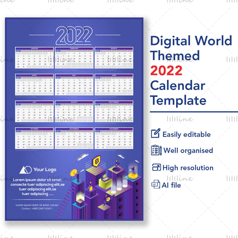 Шаблон баннера с тематическим календарем виртуального мира на 2022 год
