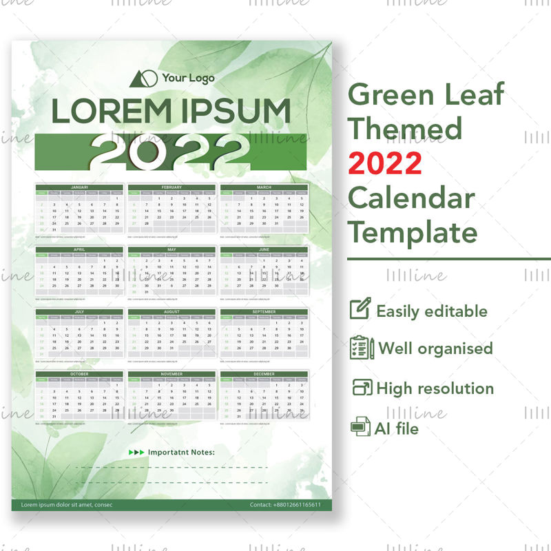 2022年緑の葉をテーマにしたカレンダーバナーテンプレート