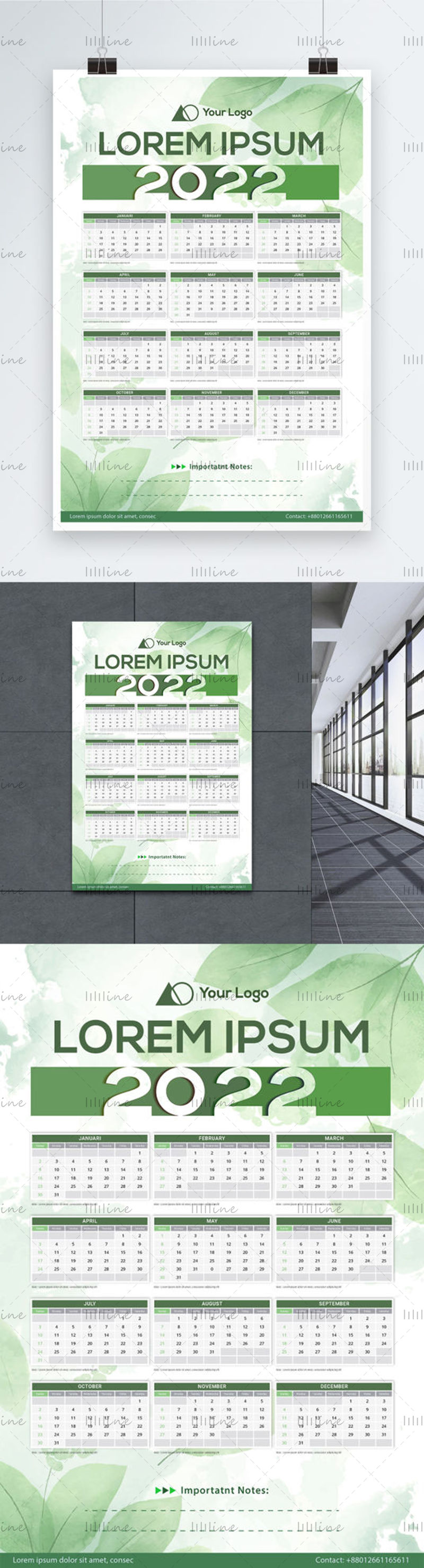 Шаблон баннера календаря с зелеными листьями на 2022 год