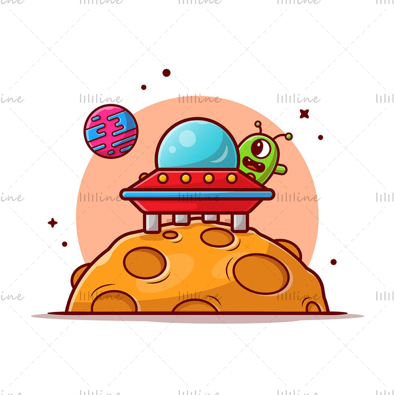 Cartoon Alien UFO Landing on Planet Vector Illustration