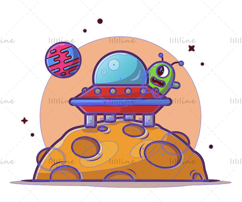 Cartoon Alien UFO Landing on Planet Vector Illustration