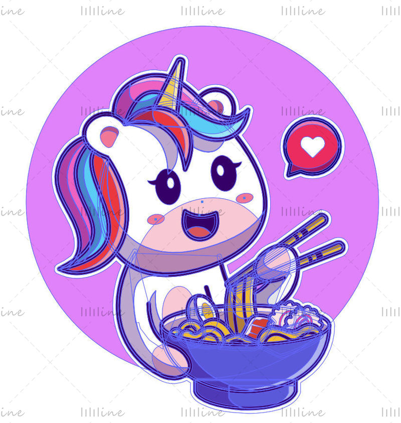 Cartoon unicorn eating noodle vector character