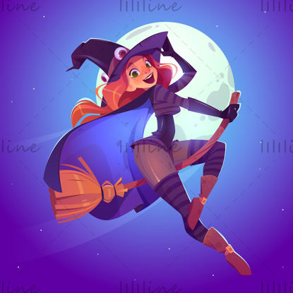 Vrăjitoare din desene animate călărind un personaj vectorial cu mătură